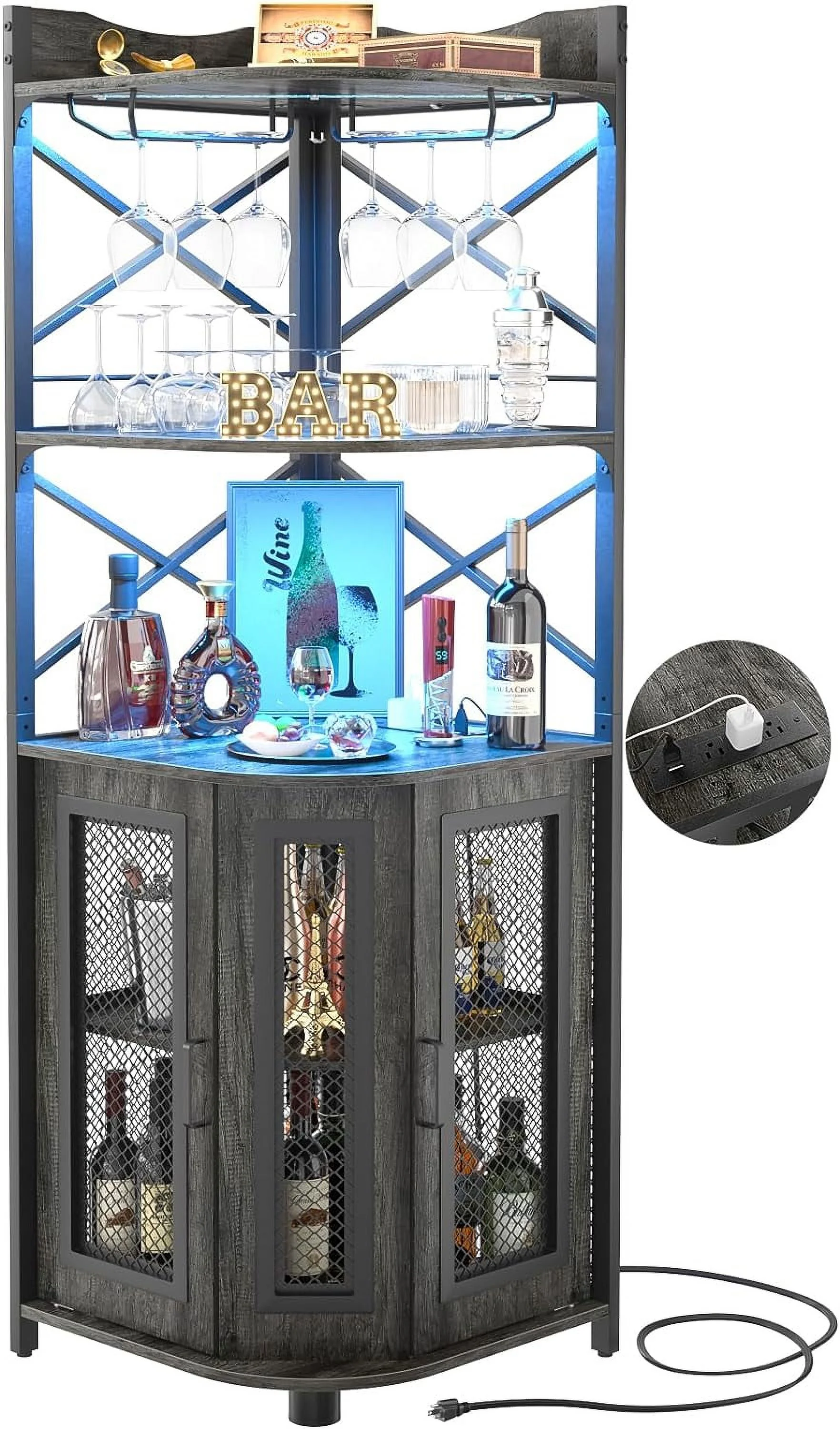 LIHONG Corner Bar Cabinet with Power Outlet, Industrial Wine Cabinet with LED Strip and Glass Holder, 5-Tiers Liquor Cabinet Bar Unit for Home, Corner Display Cabinet for Small Space, Grey Oak