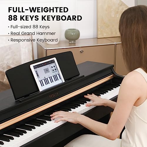 Fesley Digital Piano 88 Key Weighted Keyboard: Home Electric Pianoforte With Hammer Action For Professional,Upright Piano Keyboard with Dual 25W Speakers,Triple Pedal,Support Bluetooth,MIDI USB,Black