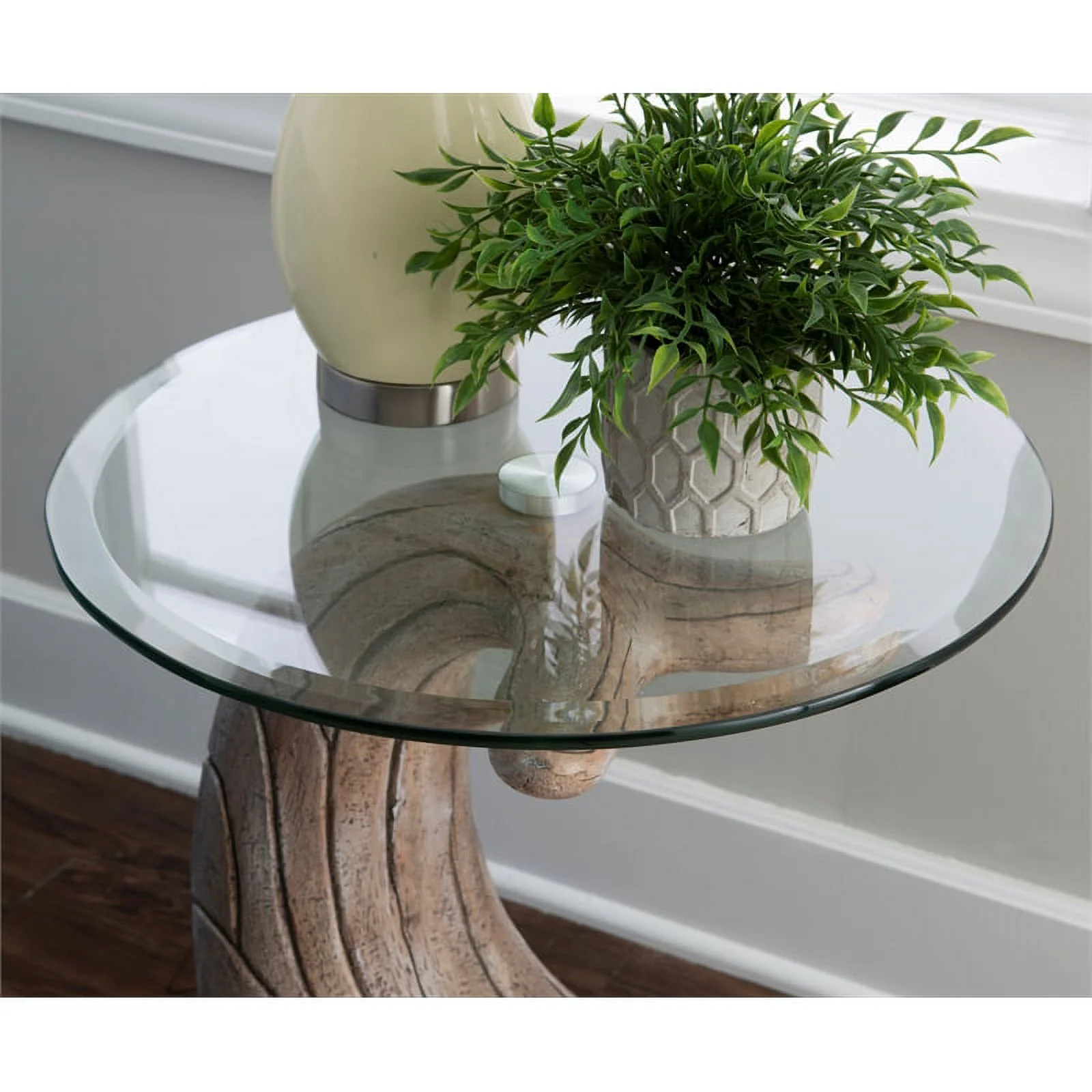 Linon Mabry Whale Sculptured Glass Top Rustic Accent Table in Driftwood Finish