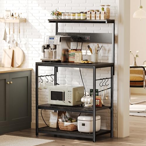 SUPERJARE Kitchen Bakers Rack with Power Outlet, Coffee Bar Table 4 Tiers, Kitchen Microwave Stand with 6 S-shaped Hooks, Storage Shelf Rack for Spices, Pots and Pans - Rustic Brown