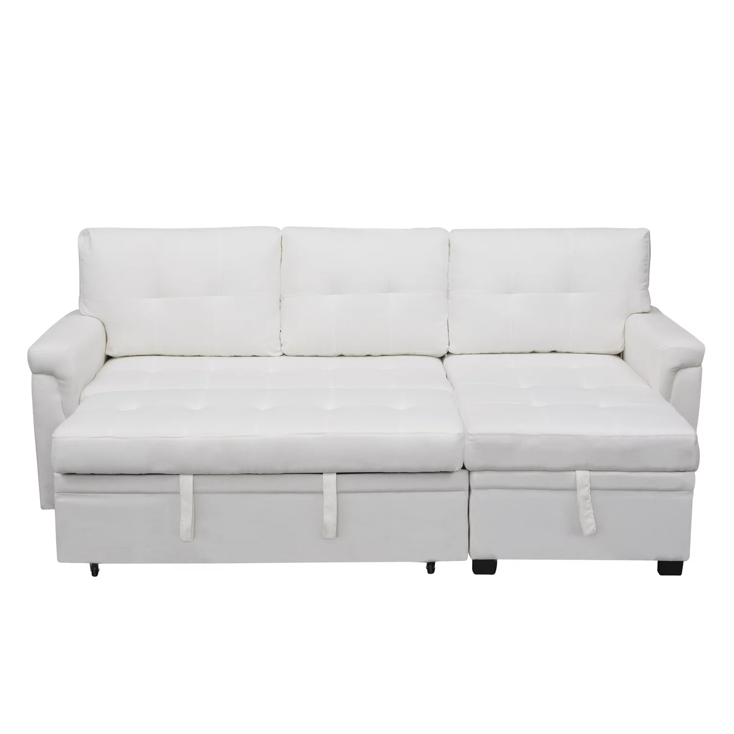 Naomi Home Jenny Sectional Sleeper Sofa - Elegant L-Shaped Couch Convertible Pull-Out Bed, Ample Storage, Timeless Design, Sturdy Construction, Long-Lasting for Modern Living, Velvet, White