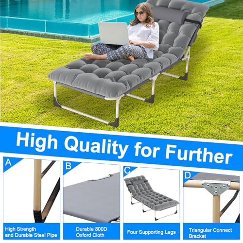 Portable Folding Camping Cot, Oversize 28.7in Adjustable 5-Position Adults Reclining Lounge Chairs with Pillow, 500 lb Weight Capacity, Heavy Duty Oxford Cloth 800D with Mattress
