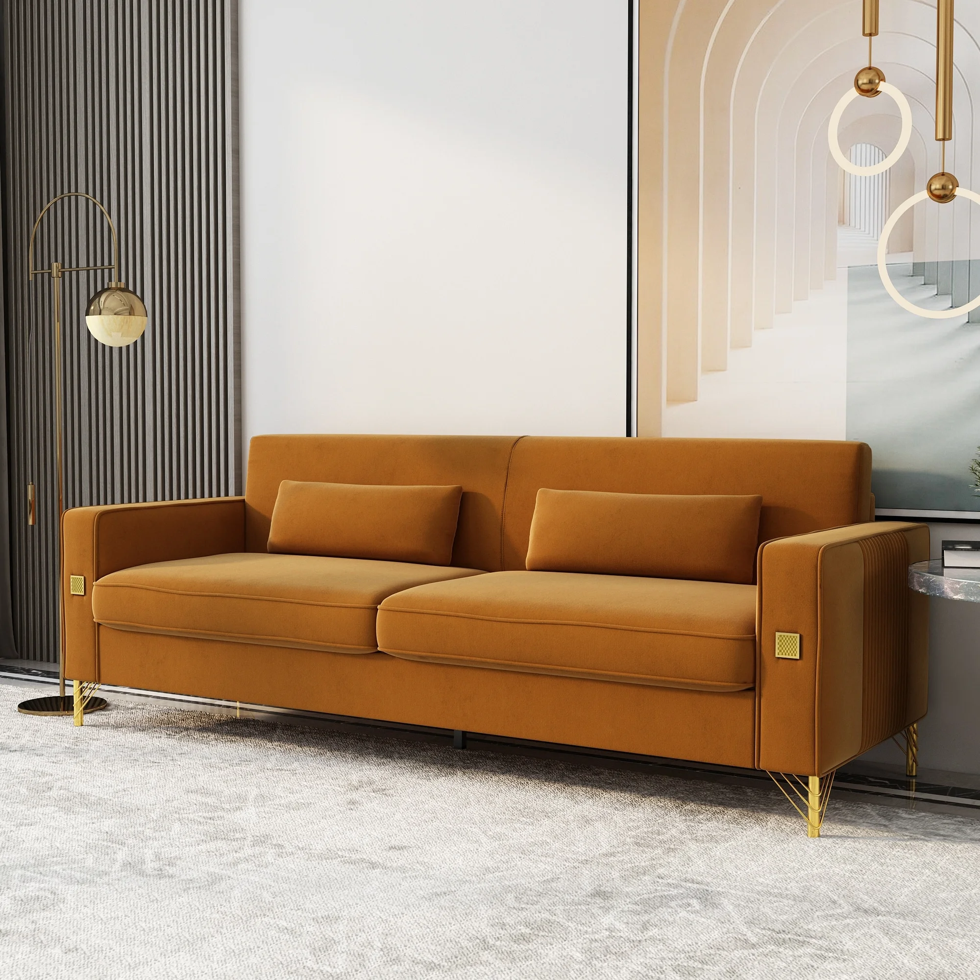 Modern Velvet Upholstery Loveseat with Cushions and Metal Legs Black