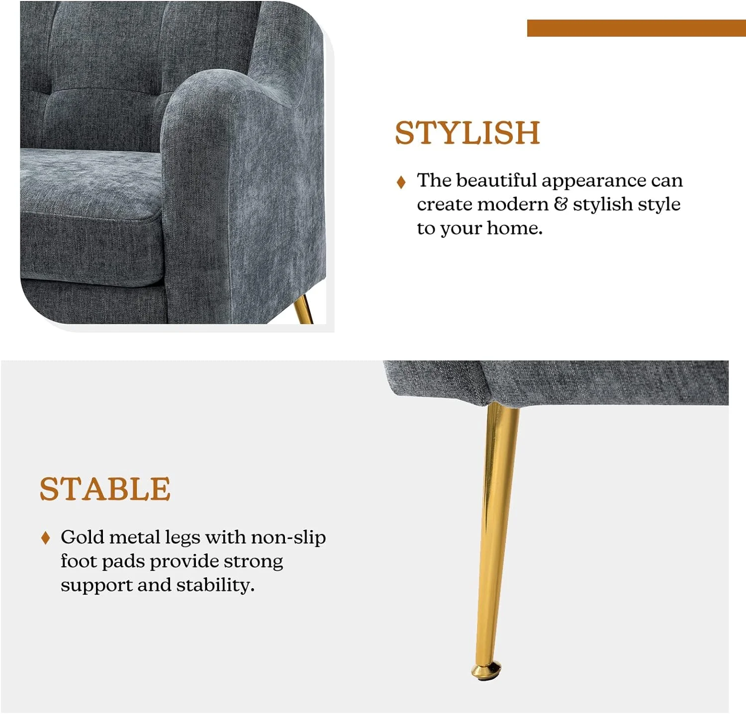 Upholstered Armchairs Set with Removable Cushion Tufted Single Sofa Accent Chairs Golden Leg Home Living Room Bedroom Office Navy