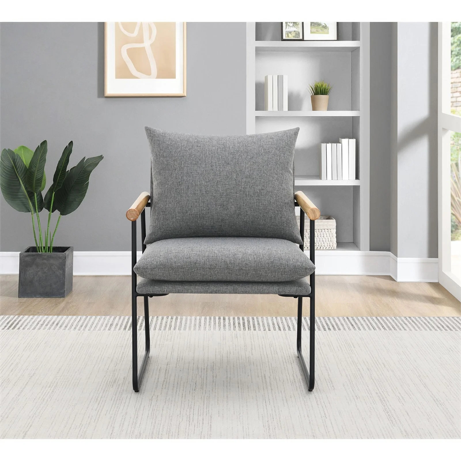 Dutton Armchair in Charcoal Fabric with Natural Arms and Black Sled Base