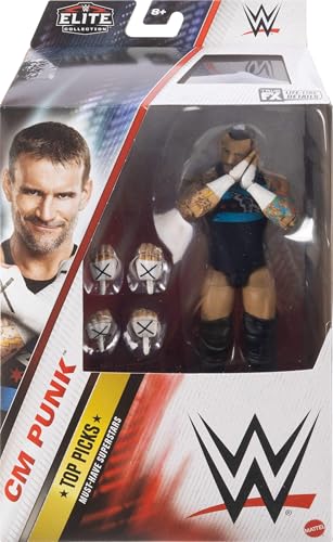 Mattel WWE Top Picks Elite Action Figure & Accessories Set, CM Punk 6-inch Collectible with Swappable Hands, Ring Gear & 25 Articulation Points