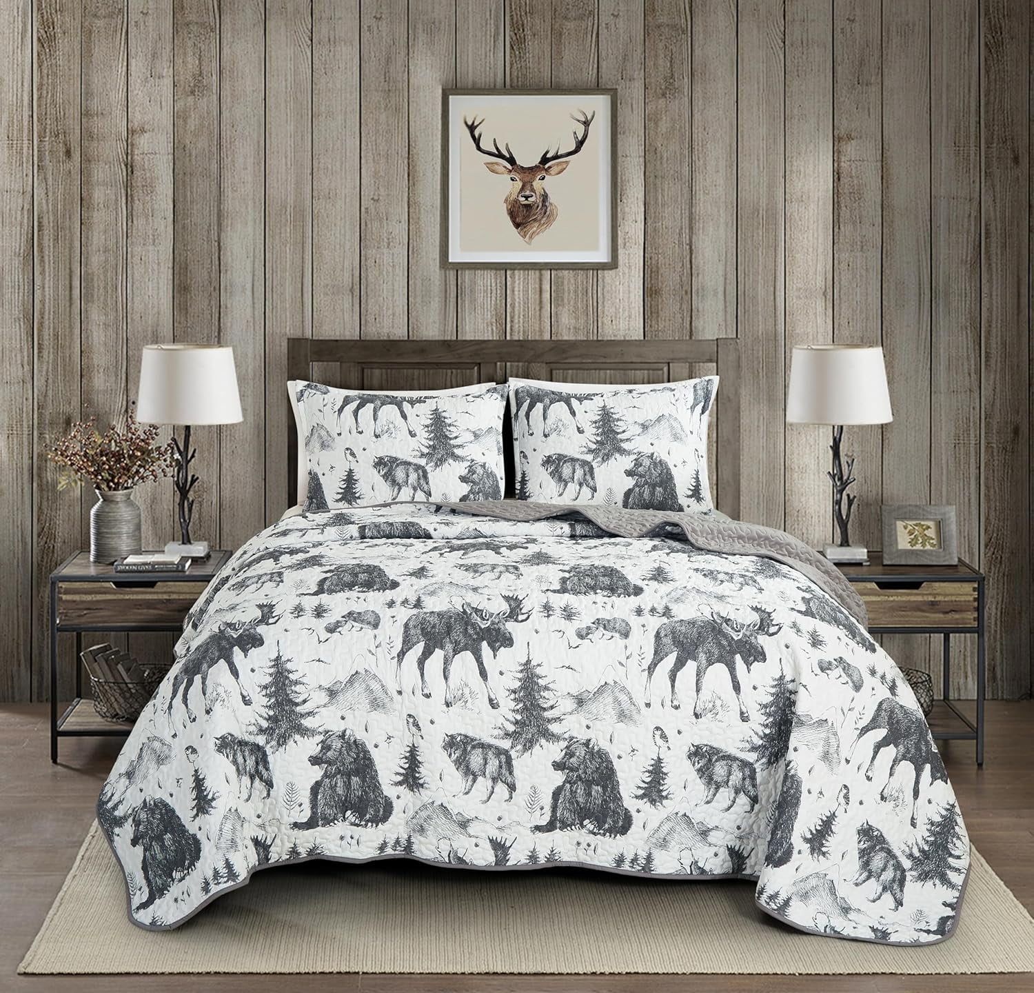Chezmoi Collection Denver 3-Piece Southwestern Lodge Quilt Set King, White Black Gray Grizzly Bear Wolves Moose Pine Tree Mountain Printed Microfiber Lightweight Bedspread Set for All season