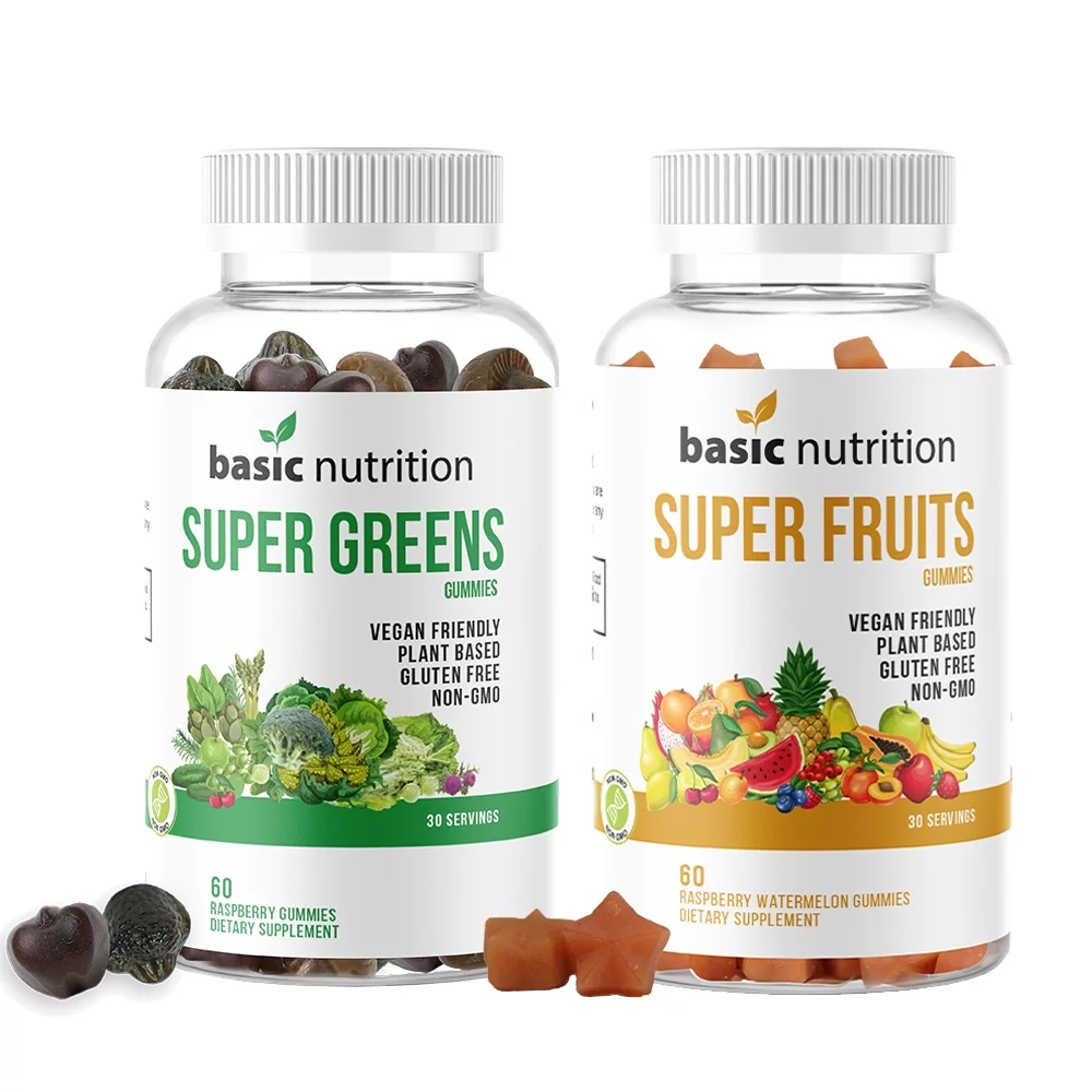 Basic Nutrition SuperFruits + SuperGreens Gummies Bundle | Collagen Promoting Vitamins and Minerals for Beauty, Energy, and Digestive Health | Non-GMO, Plant-Based, Vegan, Gluten-Free & Gelatin Free