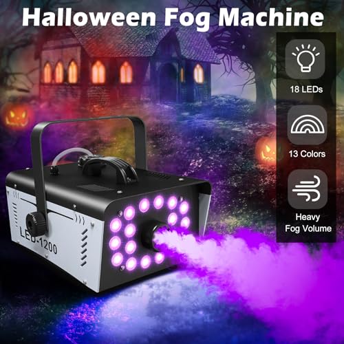 1200W Fog Machine Halloween Outdoor with 18 LED Lights 6000CFM Smoke Machine Fog Indoor with Remote for Wedding Party DJ Disco Stage