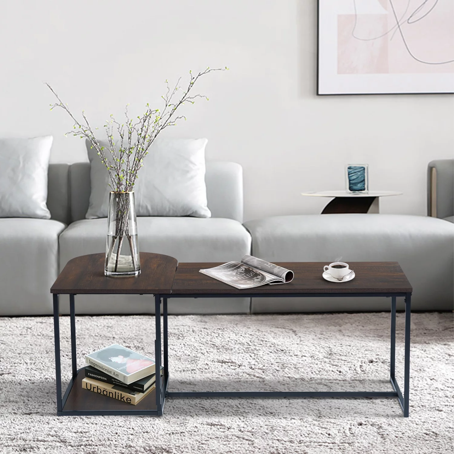 HouseInBox 47.2'' Modern Industrial Style Rectangular Wood Grain Top Coffee Table with Metal Frame