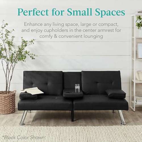 Best Choice Products Faux Leather Upholstered Modern Convertible Futon, Adjustable Folding Sofa Bed, Guest Bed w/Removable Armrests - Blue