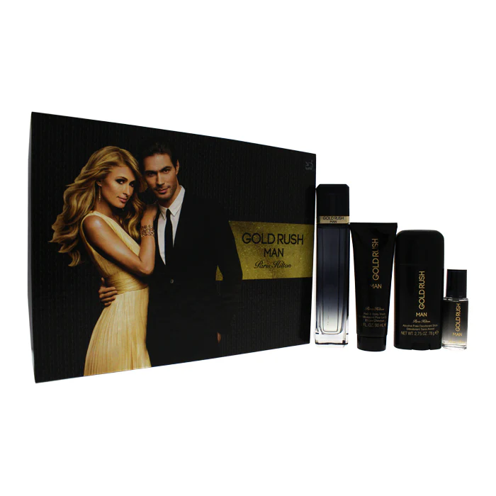 Paris Hilton Gold Rush Man For Men - 4 Pc Gift Set Eau De Toilette Spray 15ml/0.5oz Eau De Toilette Spray 90ml/3.0oz Hair Body Wash 81ml/2.75oz Alcohol Free Deodorant Stick 100ml/3.4oz