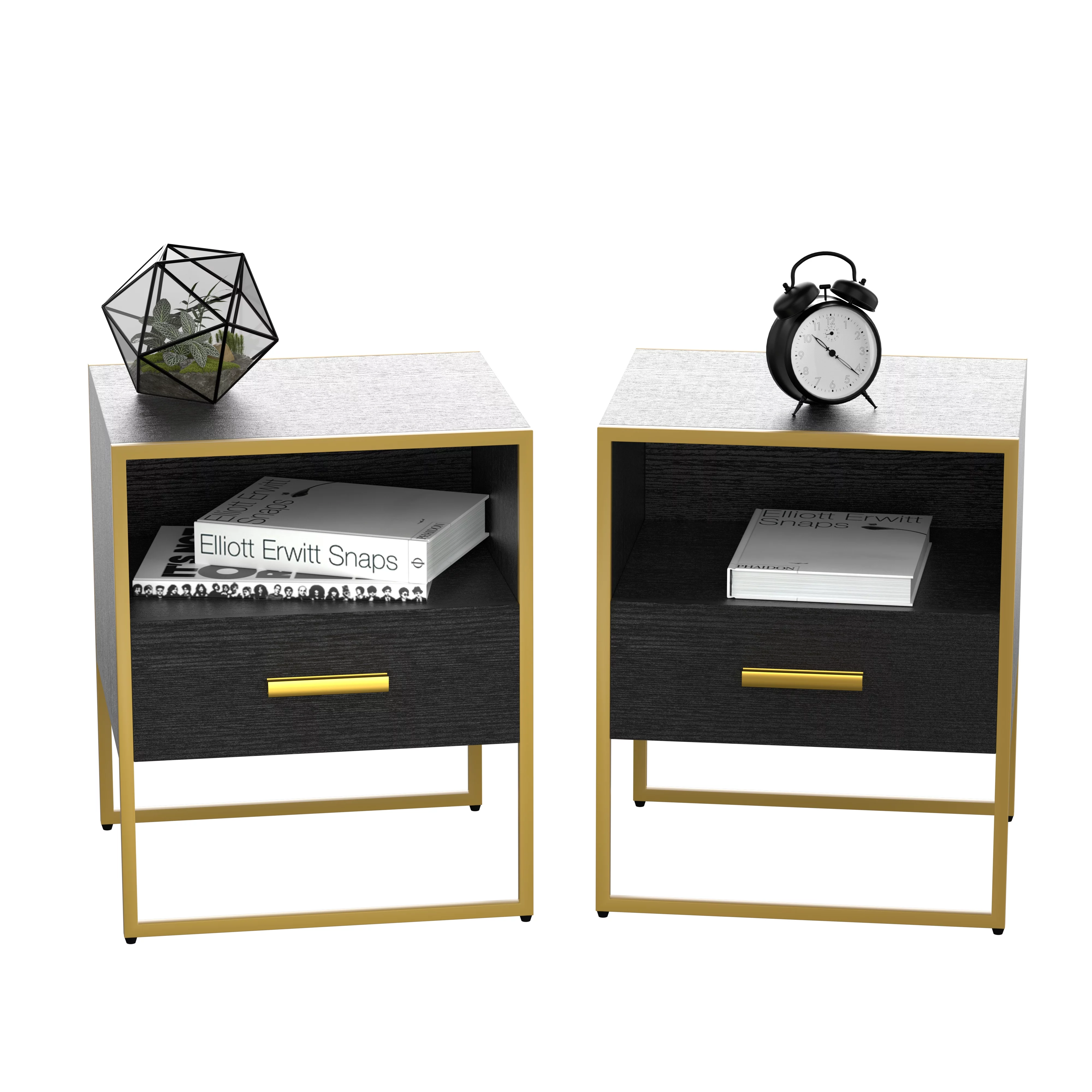 Williamspace Nightstand Set of 2,Bedside Table with Drawer and Open Storage,Side Table with Gold Metal Frame for Bedroom,Black