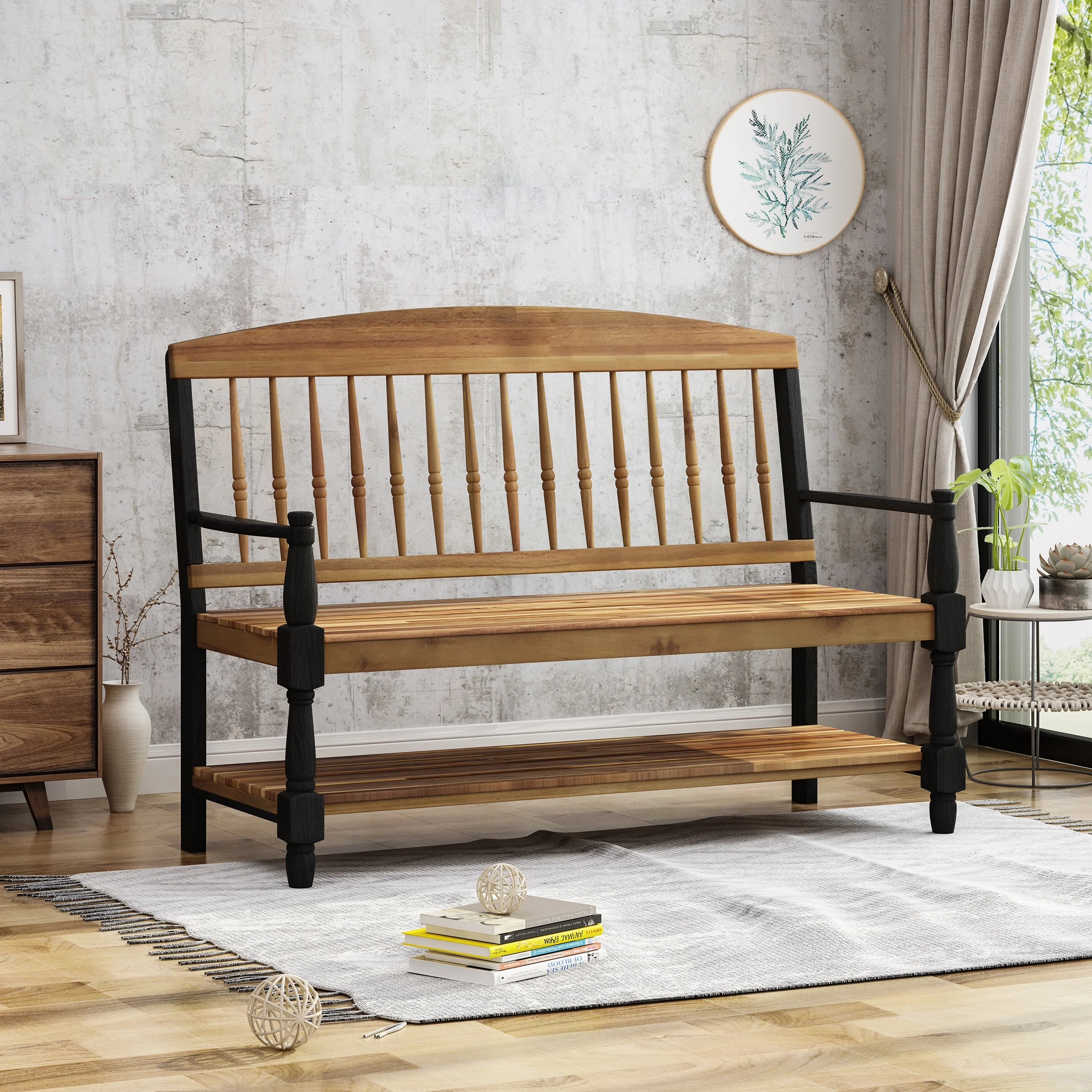 Eddie Rustic Acacia Wood Bench with Shelf, Teak and Black