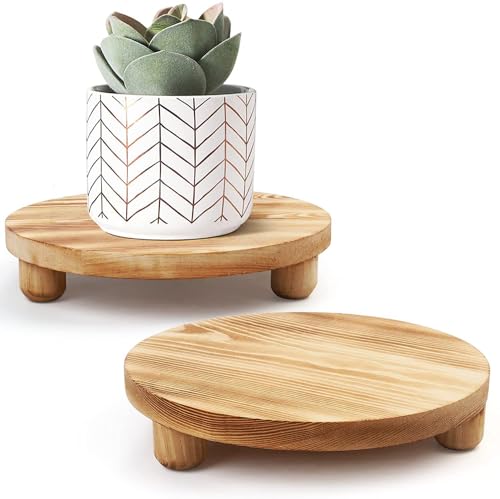 Wood Riser for Decor, 2 Pack Wood Pedestal Stand for Display, Round Wooden Tray for Kitchen Counter, Wooden Pedestal Stand for Plant Pot Indoor