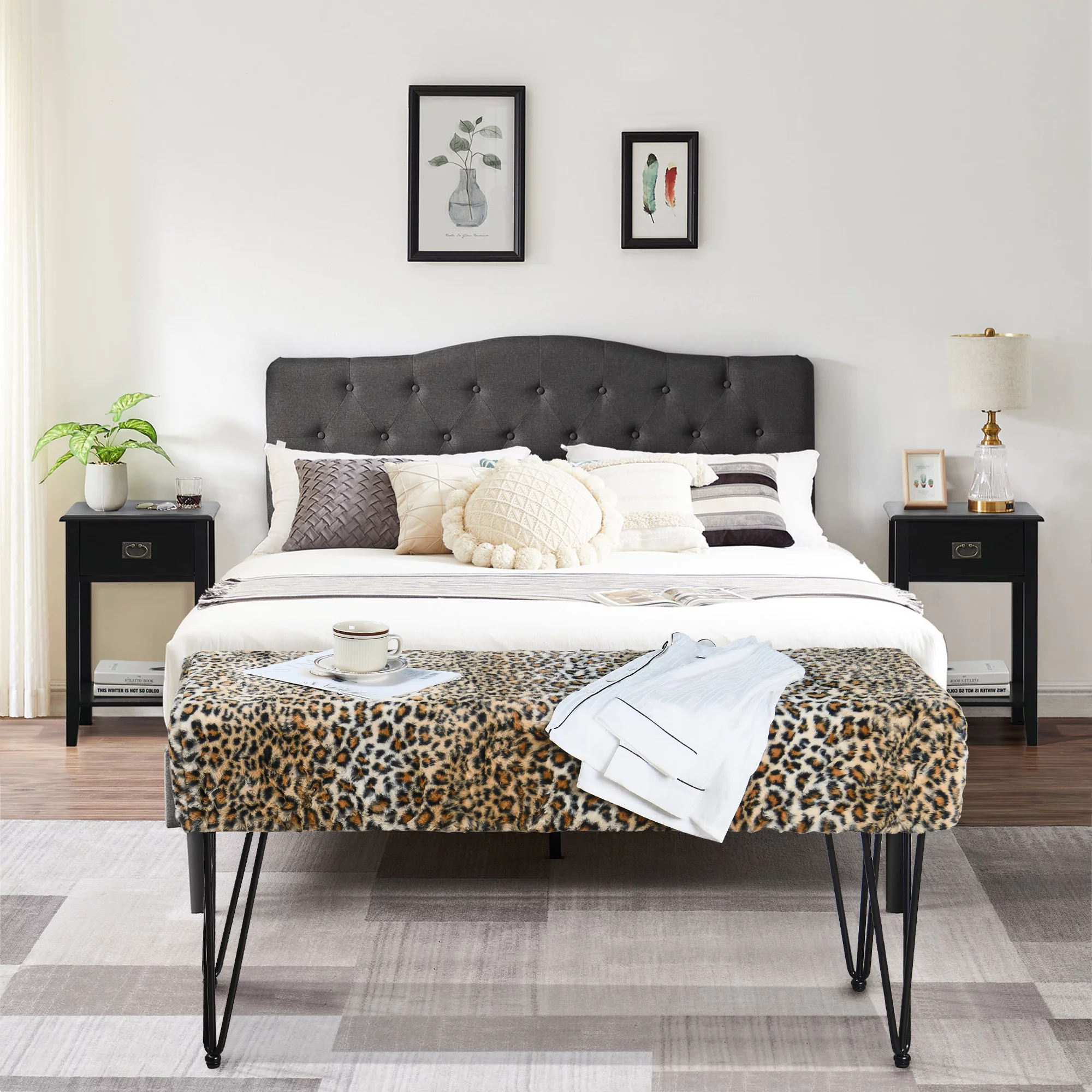 Home Soft Things Faux Fur Ottoman- Leopard - Black Leg - 46x16x22