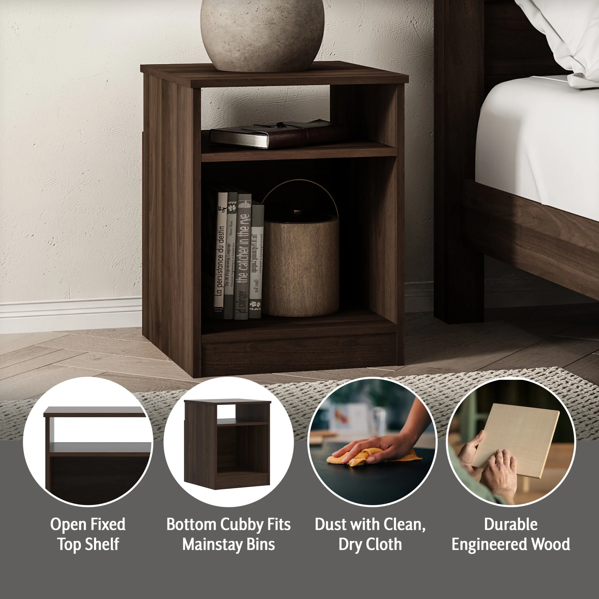 Mainstays Ardent Open Shelf Nightstand, Dark Walnut