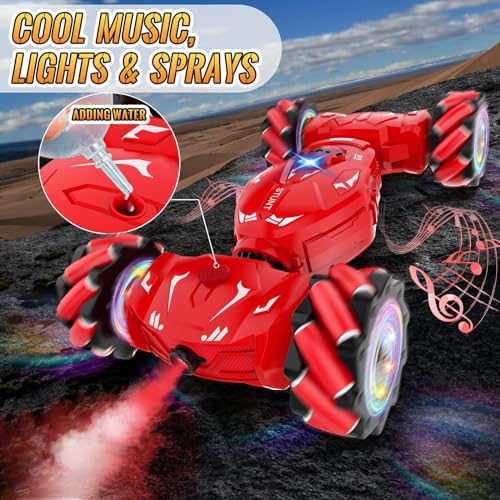 Pristar RC Stunt Cars, Gesture Sensing Remote Car Toys for 6-12 Boys Girls, 2.4Ghz Hand Remote Control Car with Spray Lights Music 360° Rotation 4WD Off-Road, Birthday Xmas Gifts for Kids Age 6-12
