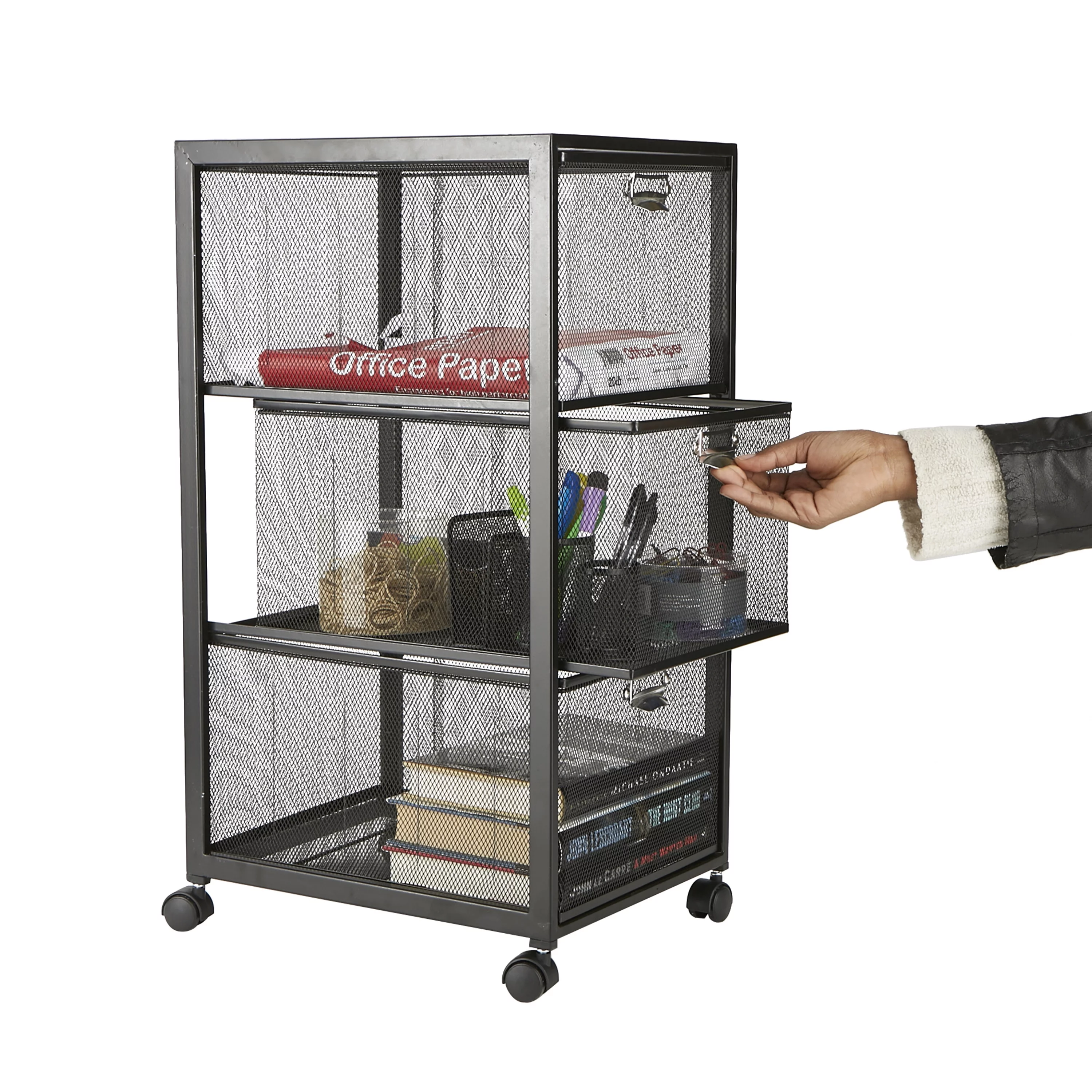 Mind Reader Rolling Utility Cart, File Cabinet Box with 3 Drawers, Black