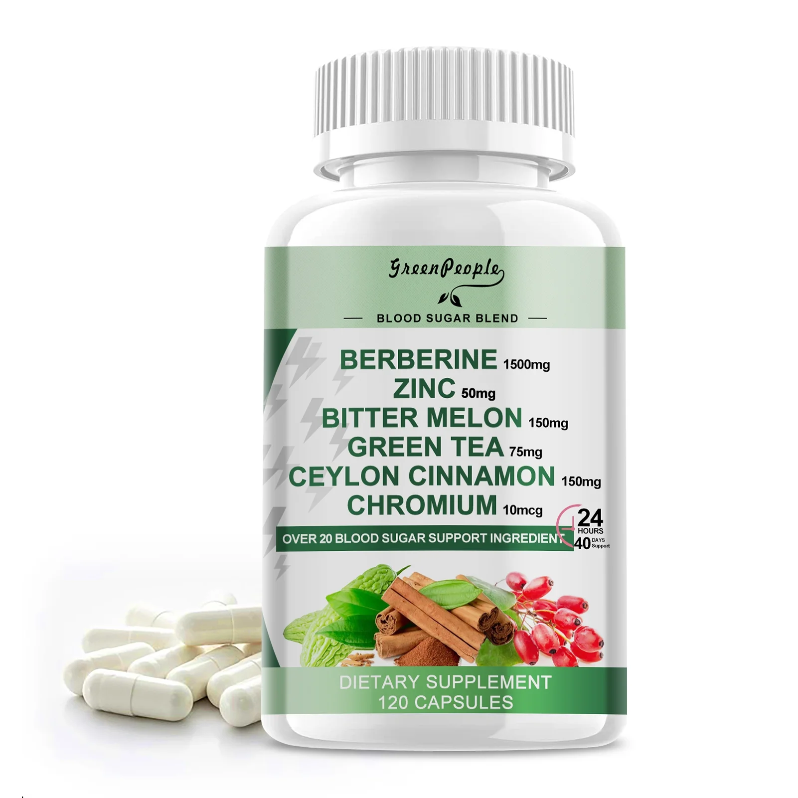 GREENPEOPLE Berberine Supplement 1500mg - 120 Capsules - Ceylon Cinnamon, Bitter Melon, Chromium, Zinc, Berberine HCI Root - for Immune Support & Weight Management (Vegan, Non-GMO)