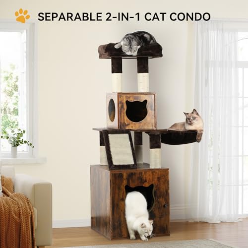 YITAHOME Modern Cat Tree with Litter Box Enclosure, Combo Endtable and Large Cat Tower with Basket, 4-in-1 Litter Box Furniture Hidden and Scratching Post for Large Cats