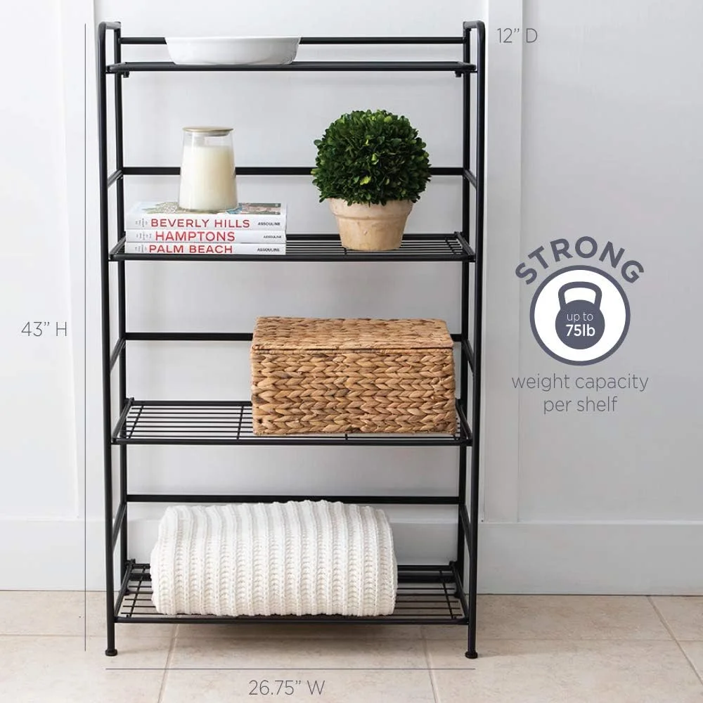 Folding Metal Bookcase-Small Space -No Assembly-Home, Kitchen, Bathroom And Office Black, 4 Shelves, Wide