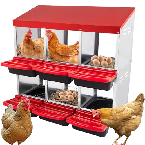 6 Hole Chicken Nesting Box - Heavy Duty Red Metal Roll Away Egg Laying Box for Hens with Perch & Ventilation - Wall Mount Poultry Coop Nest Box with Removable Tray