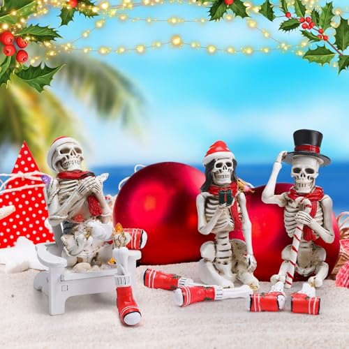 Soulchen 3 Pcs Christmas Halloween Skeleton Decorations Funny Skeleton Figurines with Christmas Hat and Scarf 7.5