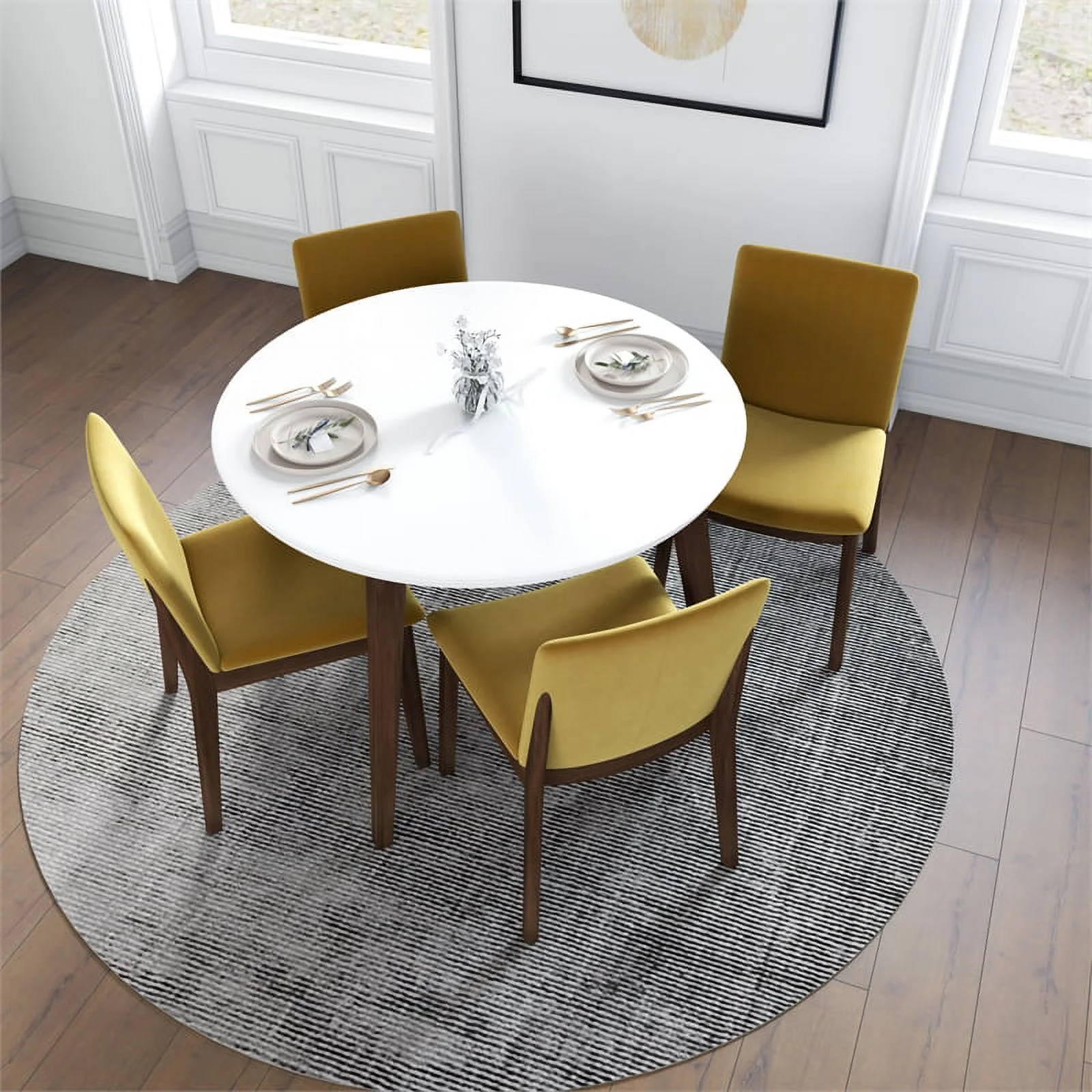 Pala Modern Solid Wood White Top Round Dining Room&Kitchen Table and 4 Chair Set