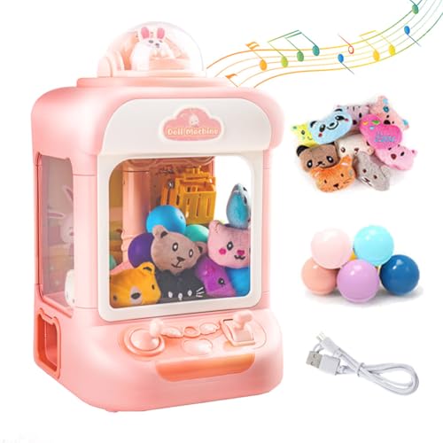 Kids Claw Machine, Mini Candy Vending Grabber, Prize Dispenser Toys for Girls and Boys, Electronic Claw Game Machine for Party Birthdays with Lights Sound, Includes 10 Plush (Pink)