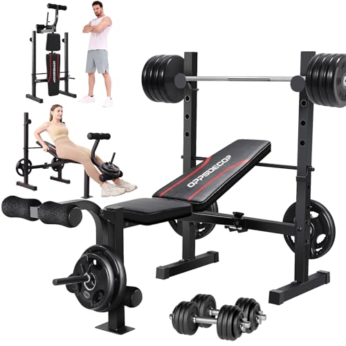 OPPSDECOR 8 in 1 Weight Bench Set, Adjustable Bench Press with Squat Rack Leg Extension & Leg Curl Foldable Workout Bench with Safety Bar Catches Standard Weight Training Benches for Home Gym