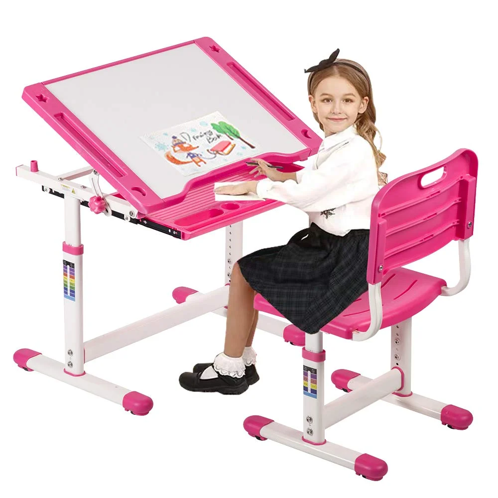 Kids Desk and Chair Set Adjustable Height Ergonomic Children's Table with Storage Drawer Kids Study Homework Desk Table for 3-10 Kids (Pink)