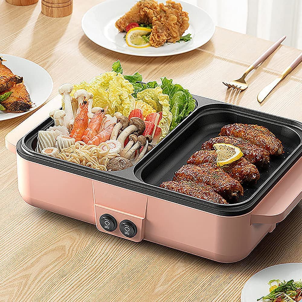 TFCFL 2 in 1 Electric BBQ Grill Pan Hot Pot Portable Indoor Kitchen BBQ Cooking Pan Pink