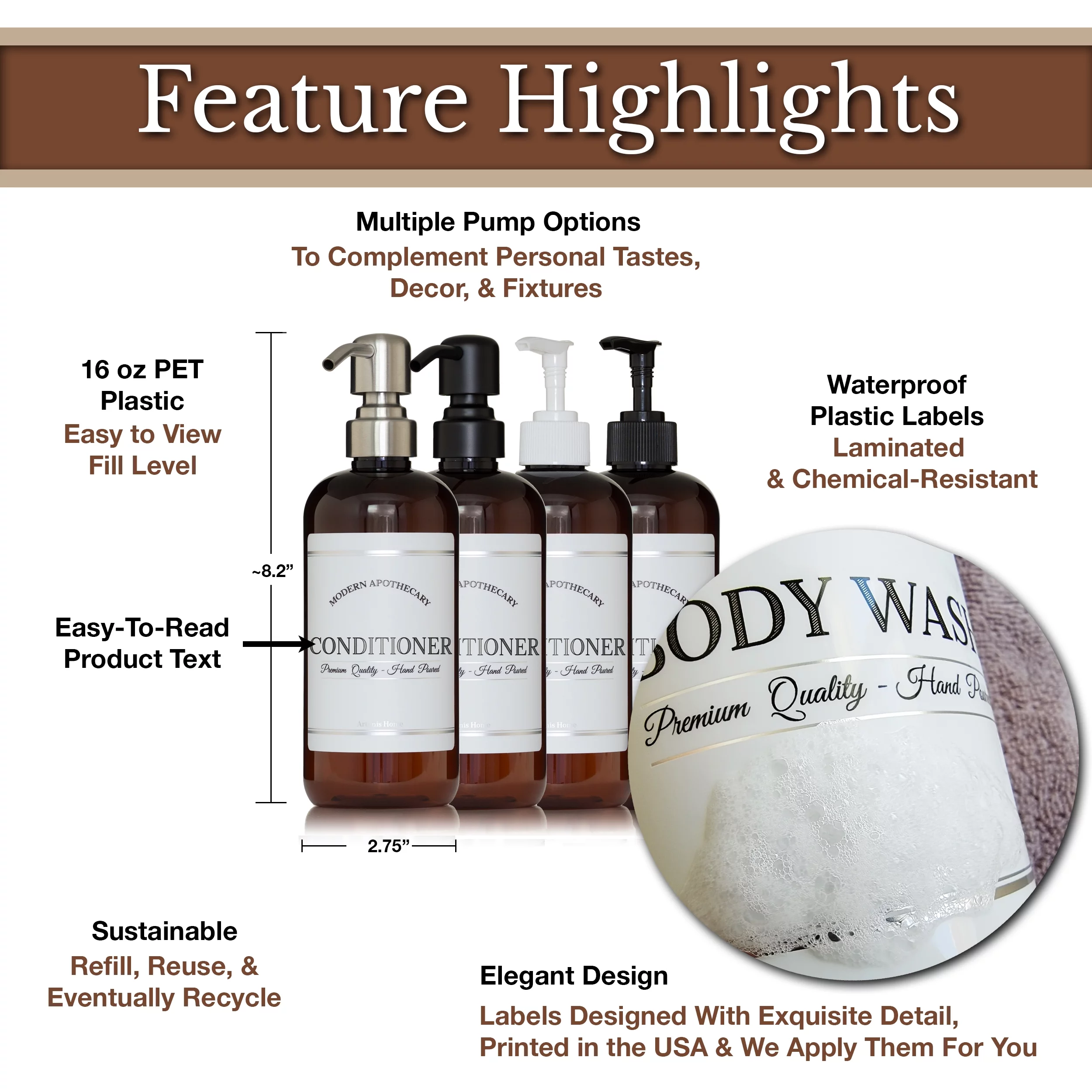 Artanis Home Amber Refillable Body Wash, Shampoo and Conditioner Bottles - PET Plastic Shampoo Bottles with Stainless Steel Pumps and 