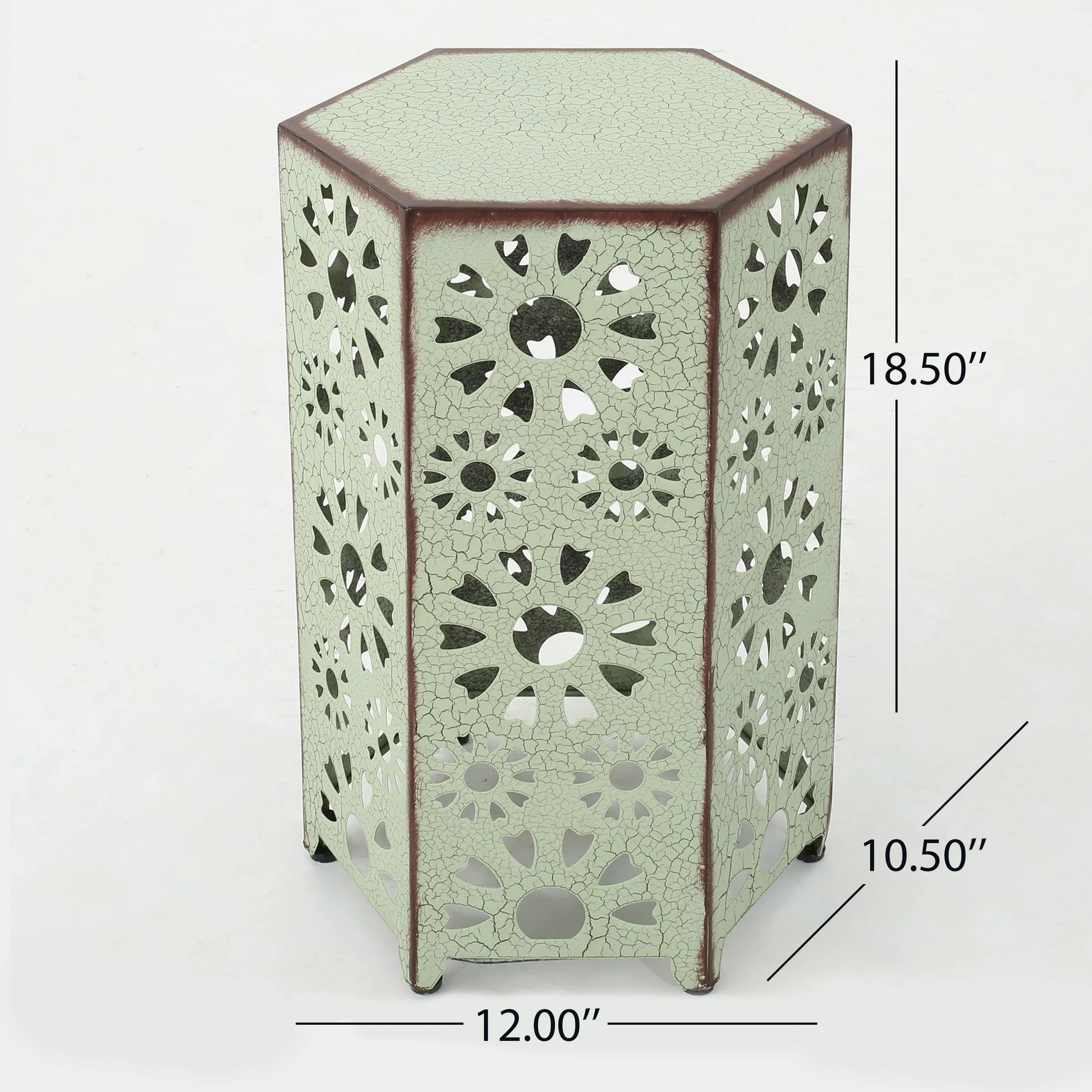 Noble House Vania 12 Inch and 14 Inch Sunburst Iron Side Table Set, Crackle Green