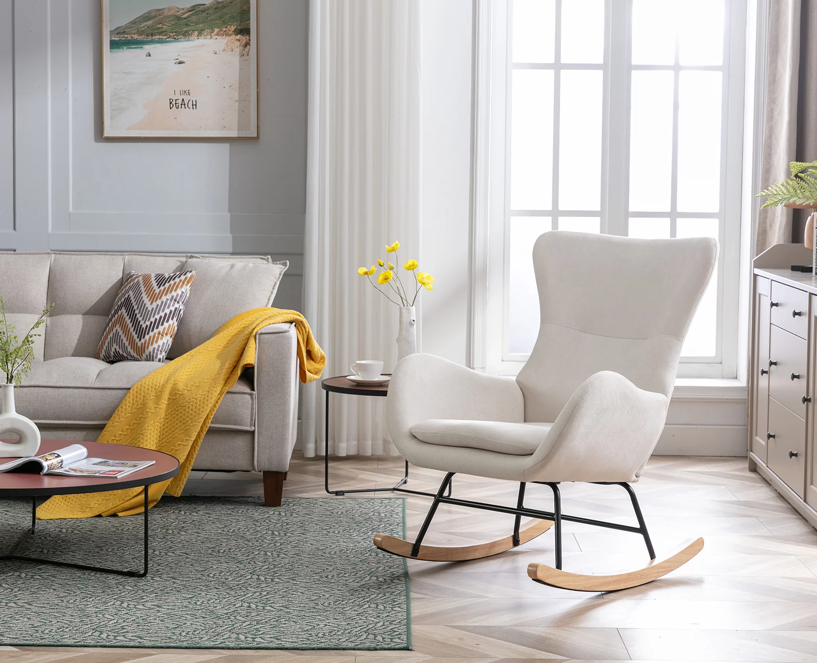 Guyou Modern Linen Rocking Chair, Wingback Upholstered Accent Chair Single Sofa Chair, Nursery Glider Rocker for Living Room Bedroom Nursery, Cream