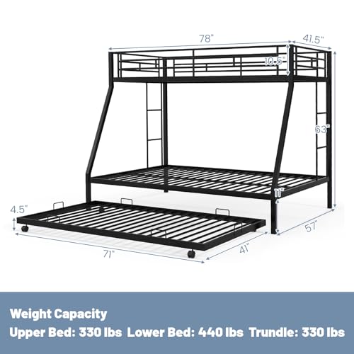 KOMFOTT Twin Over Full Bunk Bed with Trundle, Heavy-Duty Metal Bunk Bed Frame with Guardrail & 2 Ladders, Space-Saving Bunk Bed for Kids/Teens/Adults, No Box Spring Needed