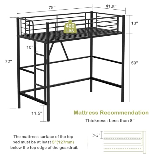VECELO Metal Loft Bed Twin Size, Heavy Duty Bedframe with Removable Ladder and Safety Guardrail, Space-Saving, Noise Free, No Box Spring Needed, Off White