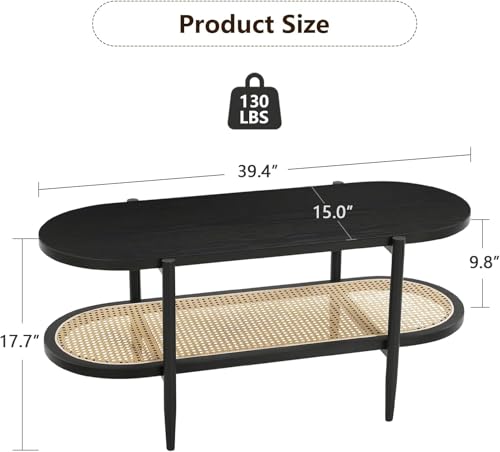 Black Small Side Table Set of 2, Mid Century Modern Engineered Wood End Table with Rattan Storage, 2-Tier Round Side Table for Living Room, Cafe, Bedroom, Small Space