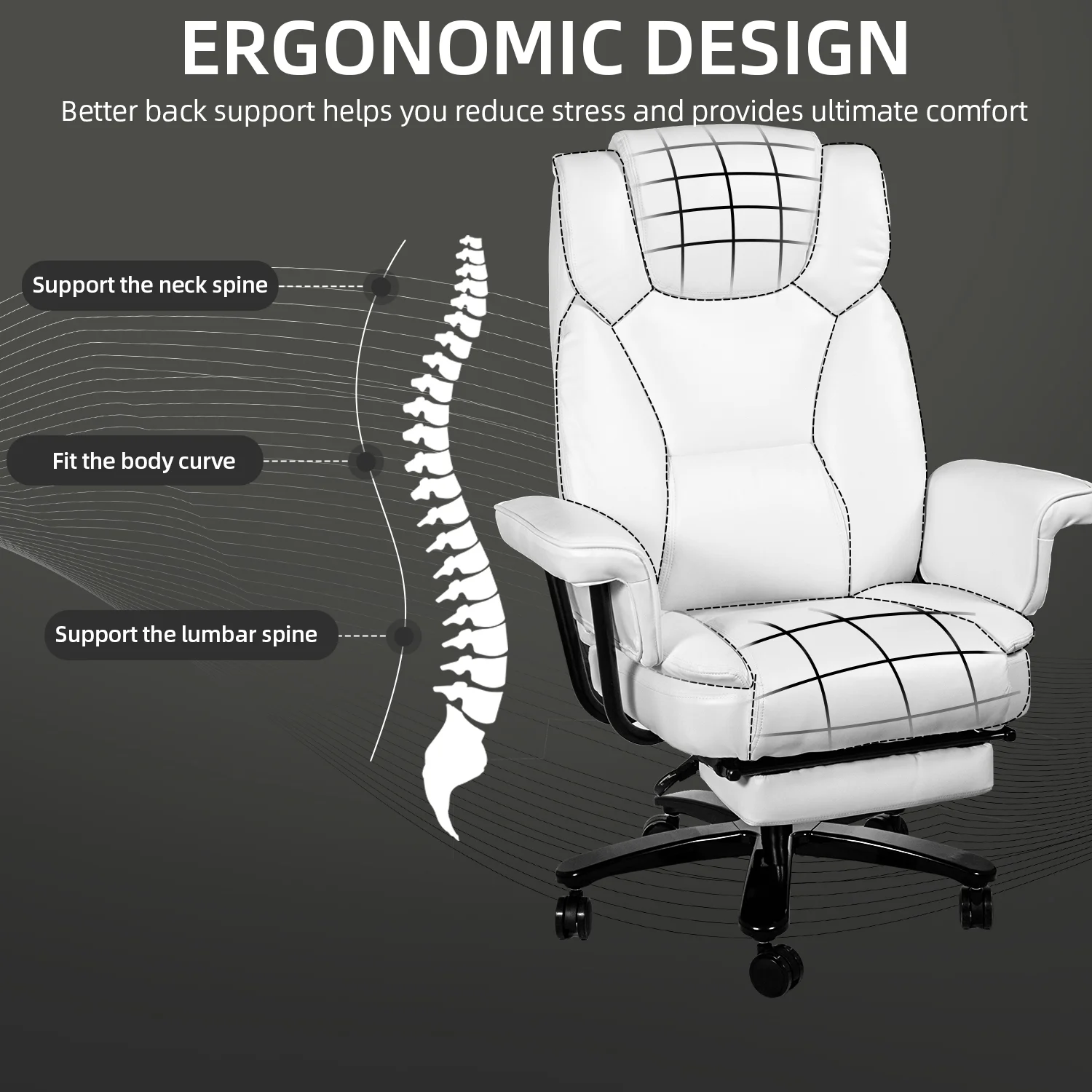 SeekFancy High Back Executive Office Chair, Ergonomic PU Leather Office Chair Heavy Duty Computer Desk Chair Reclining Office Chair with Footrest, White