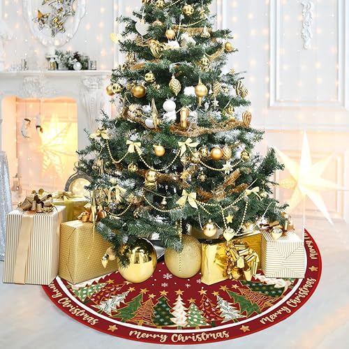 Merry Christmas Tree Skirt 36 Inches, Red Backgrond with Trees Pencil Tree Skirt, Winter Xmas Tree Mat for Home Party Holiday Decorations