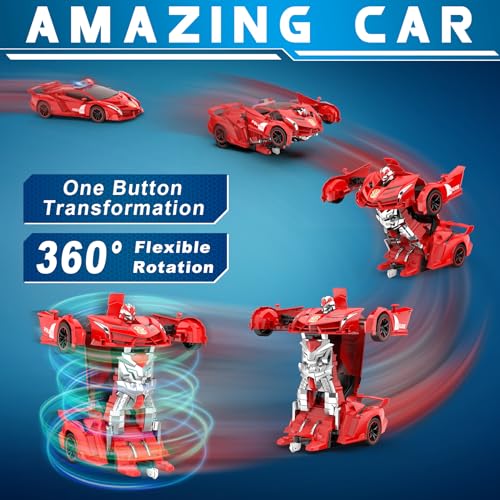 FDJ RC Cars - Transform Remote Control Car, 2.4Ghz 1:18 Scale Transforming Police Car Toy with Flashing Light, One Button Deformation 360 Degree Rotating Drifting Kids Toys Car for Boys Girls