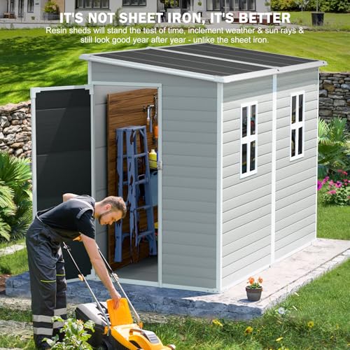 CDCASA 8x6 FT Resin Storage Shed, Waterproof Large Outdoor Sheds with Floor & Lockable Door & 2 Windows, Plastic Tool Shed for Outside, Backyard, Patio, Poolside, Bike, Dove Grey