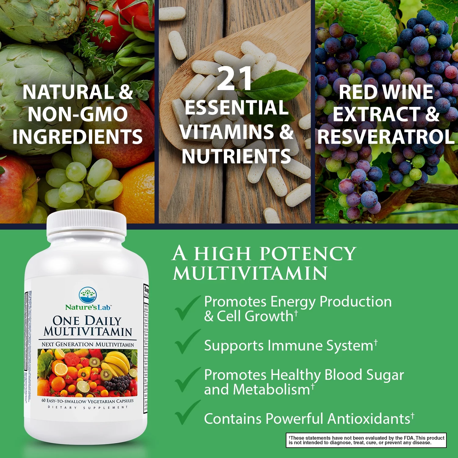 Nature's Lab One Daily Multivitamin - 60 Capsules (2 Month Supply) - Contains 19 Essential Vitamins & Minerals including Vitamin C, D3 & Zinc
