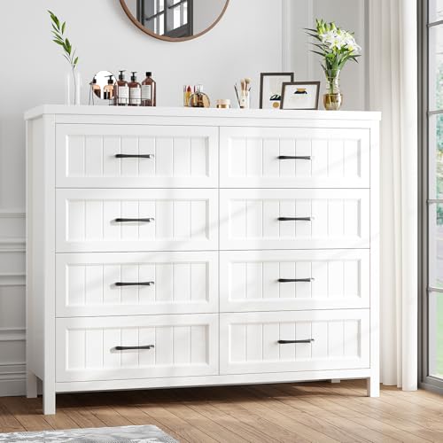 Elegant Farmhouse 8 Drawer Dresser for Bedroom - Large Wooden Double Dressers with Deep Drawers Dressers for Hallway, or Entryway - White & Brown