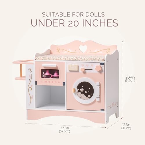 ROBOTIME Wooden 6-in-1 Baby Doll Changing Table with Baby Doll Crib, Washing Machine, Bottle Sterilizer, Storage Area, and Doll Seat, Ideal Role-Playing Toy for Kids 3+, Fits Dolls Up to 20 in, Pink