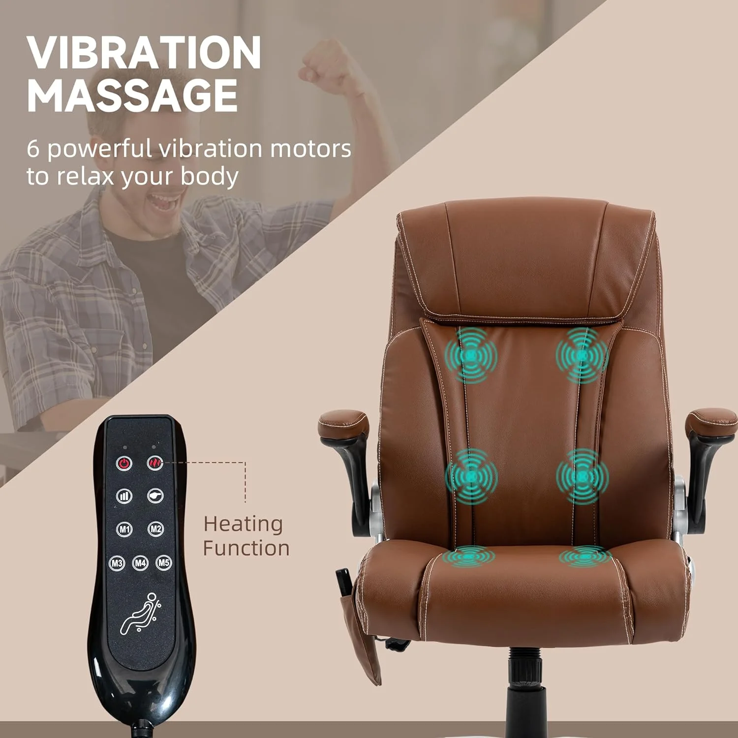 Executive Massage Office Chair With 6 Vibration Points, Heated Faux Leather Computer Desk Chair With -Up Armrest, Adjustable Height, Swivel Wheel, Brown