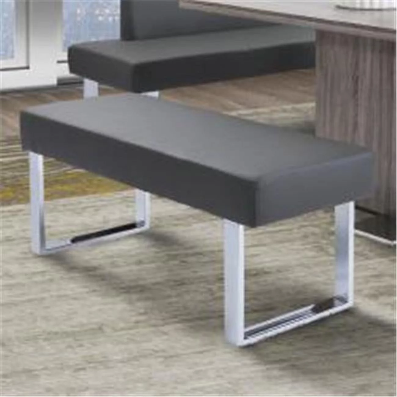 SeatSolutions Modern Faux Leather Dining Bench, Gray and Chrome