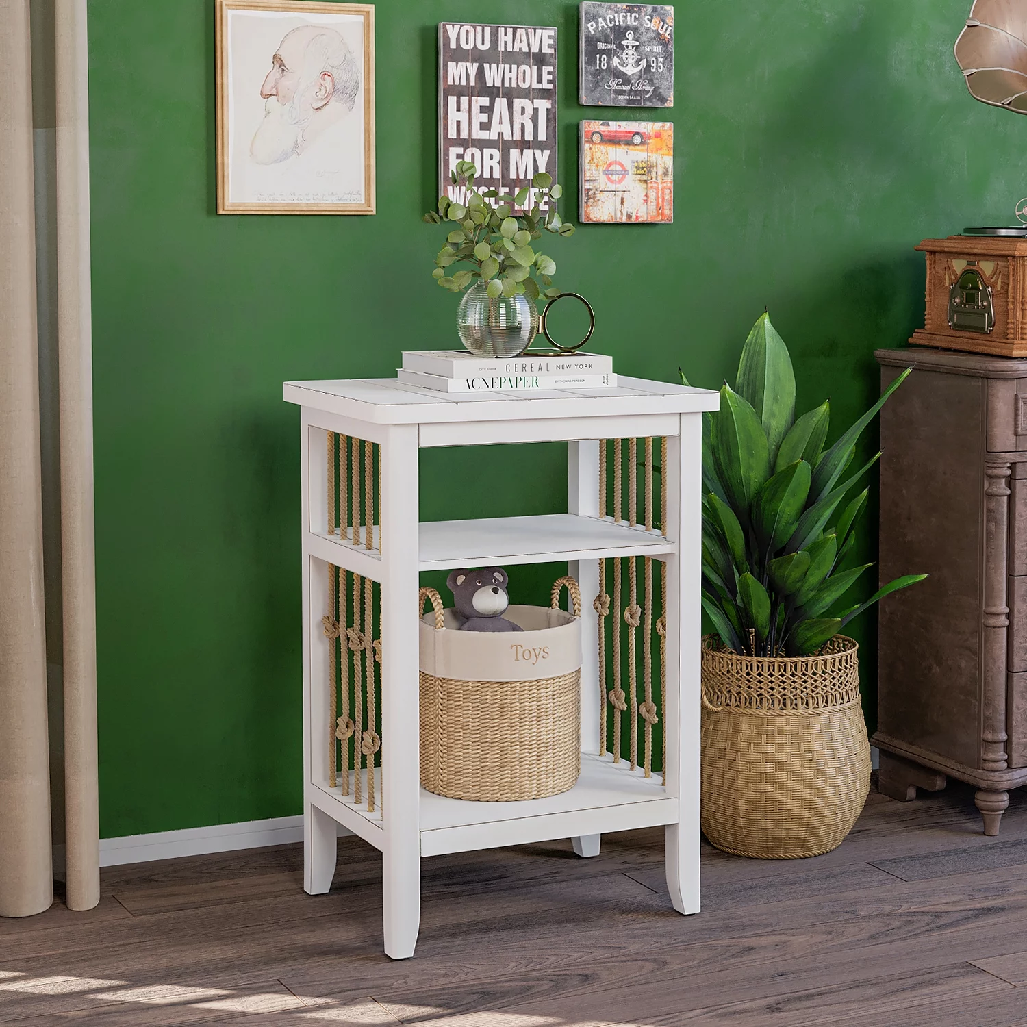 COSIEST White Farmhouse Nightstand Rustic 3-Tier End Table MDF Side Table with Hemp Rope Decor