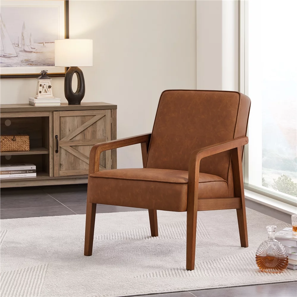 Easyfashion Mid-Century Modern Upholstered Faux Leather Armchair, Light Brown